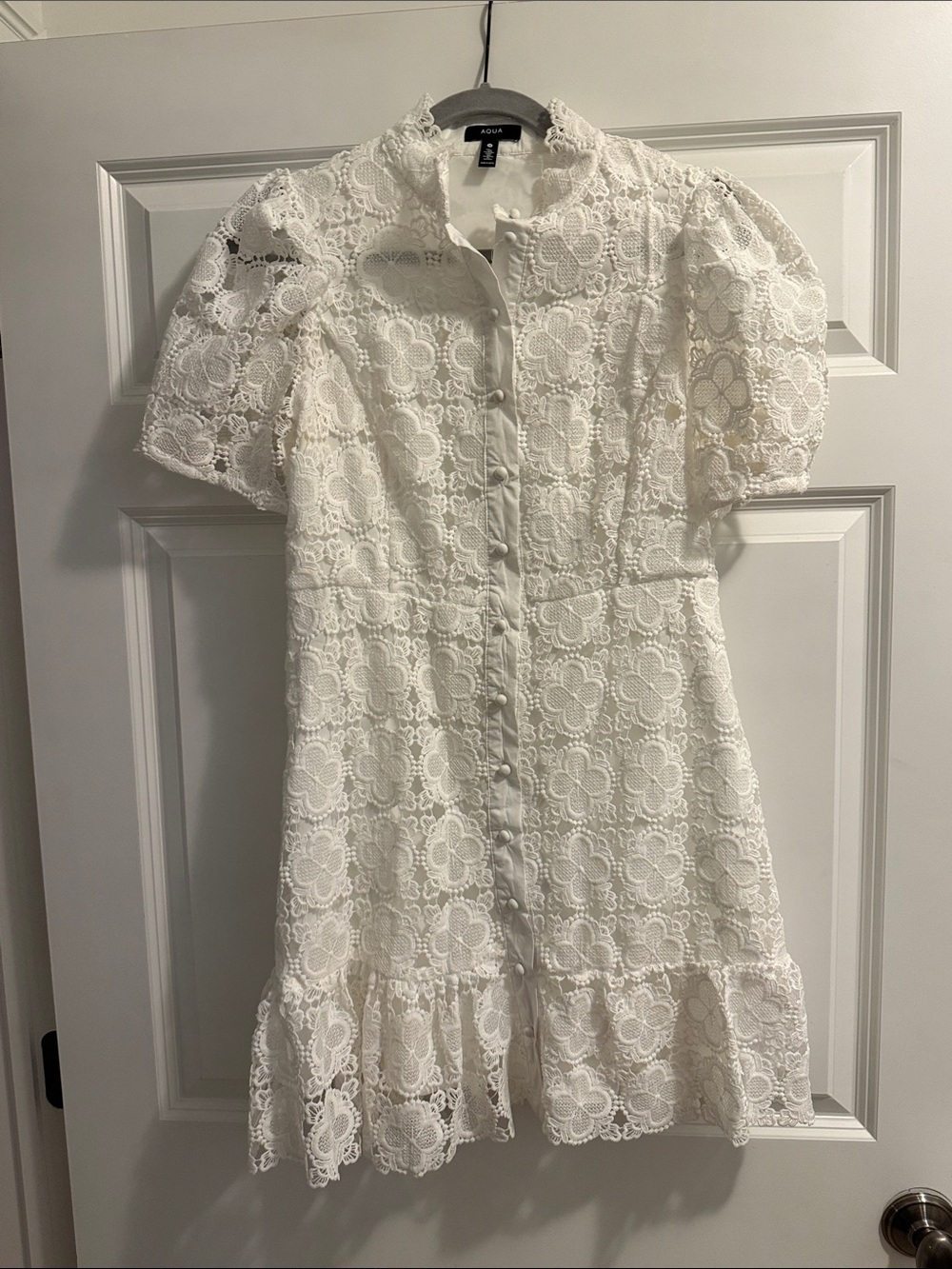 Aqua White Floral Lace Button-Front Mini Dress